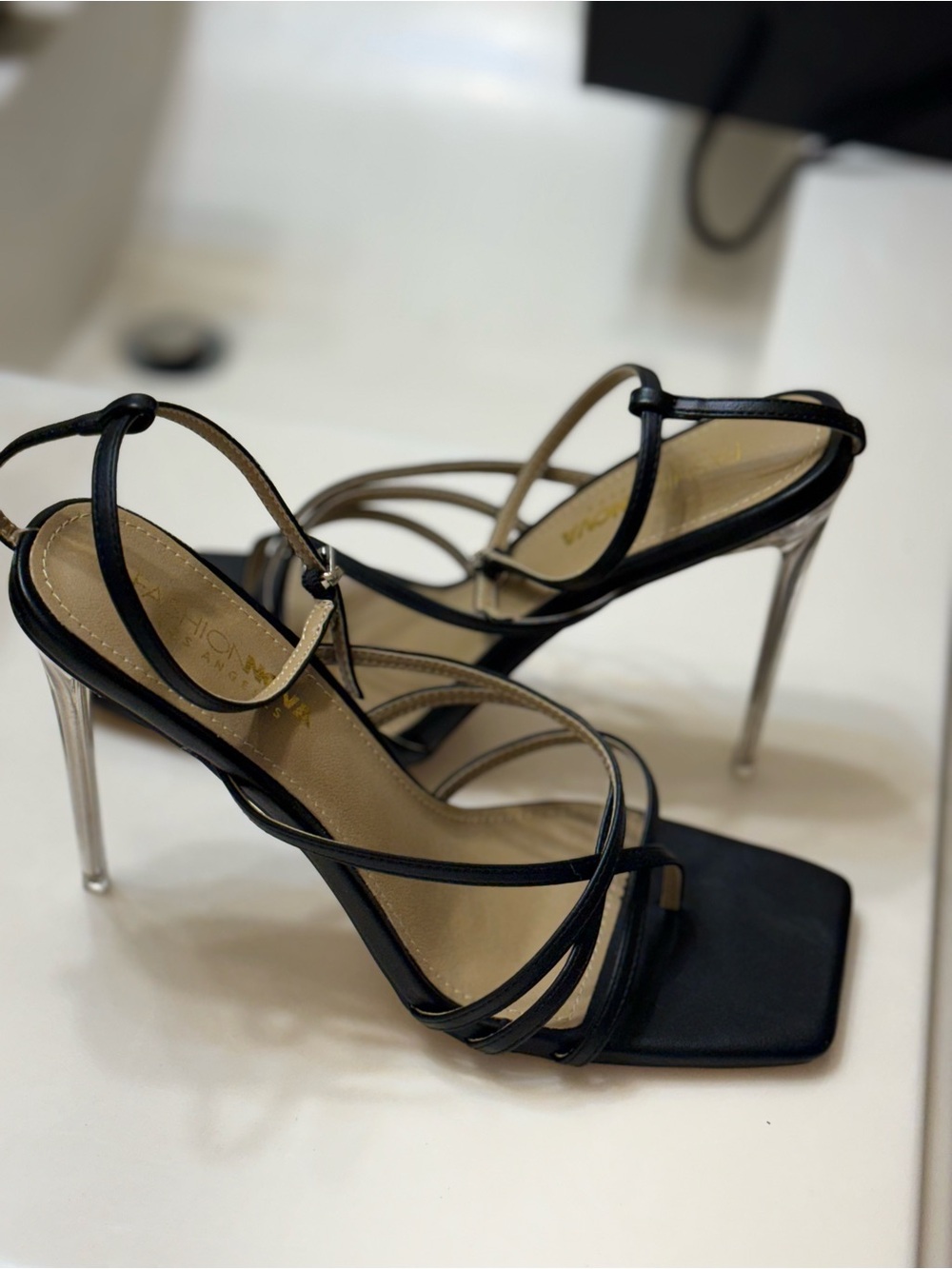 Fashion Nova Black Strappy Stiletto Sandals with Silver Heels